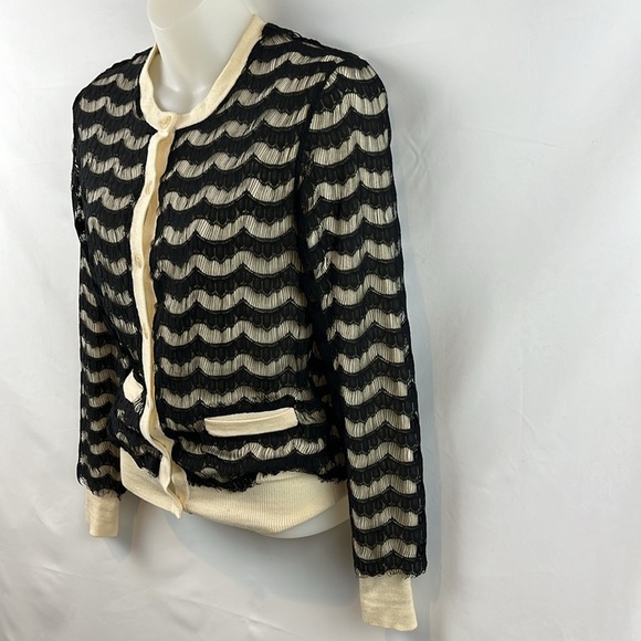 Trina Turk Eyelash Lace Overlay Black Cream Merino Wool Cardigan‎ Sweater Size P - Picture 5 of 9